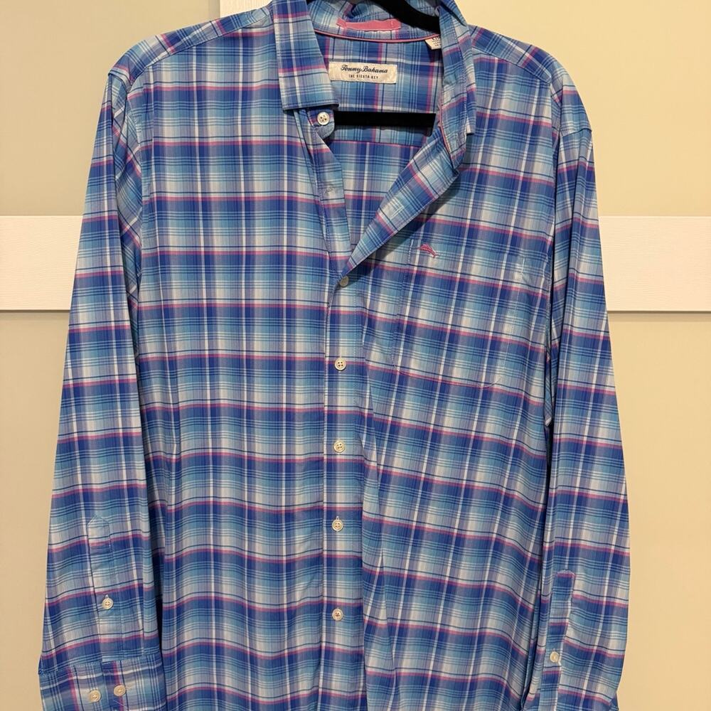 Women’s Tommy Bahama Siesta Key Plaid Button Down Shirt Blue Pink Size Large